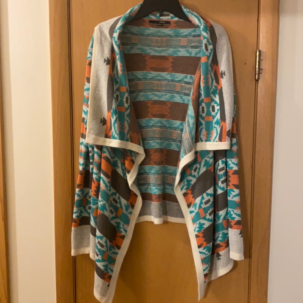 B Sharp Mohair Acrylic Open Front Aztec Tribal Southwestern Cardigan Sweater L